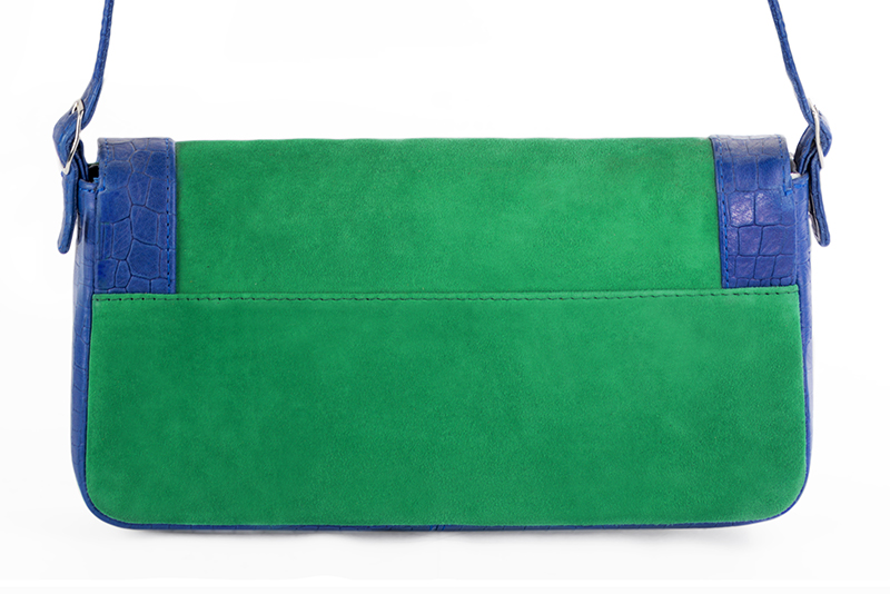 Emerald green and electric blue women's dress handbag, matching pumps and belts. Rear view - Florence KOOIJMAN